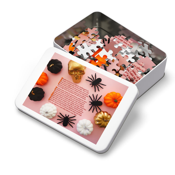 Happy Halloween Acrostic Poem Jigsaw Puzzle - Tin Box - Pumpkins and Spiders