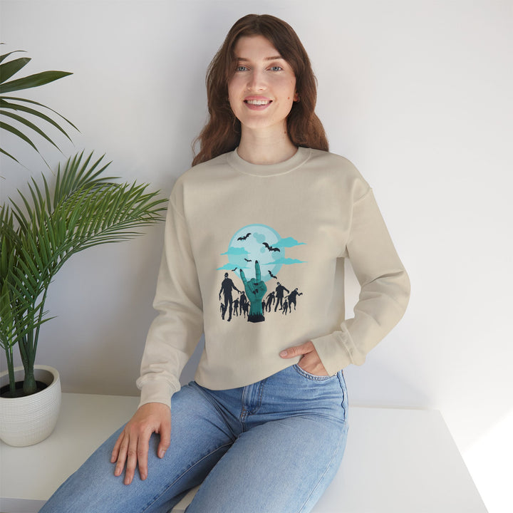 Happy Halloween Acrostic Poem Sweatshirt - Zombie "Rock On" Hand and Zombies