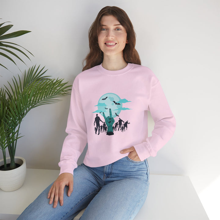 Happy Halloween Acrostic Poem Sweatshirt - Zombie "Rock On" Hand and Zombies