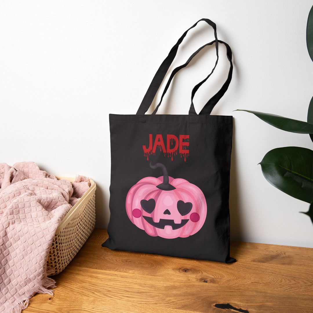 Happy Halloween Acrostic Poem Canvas Candy Tote Bag - Cute Pink Pumpkin - Personalized