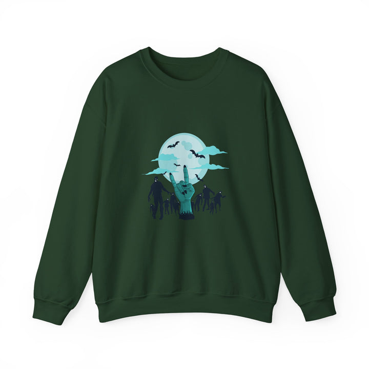Happy Halloween Acrostic Poem Sweatshirt - Zombie "Rock On" Hand and Zombies