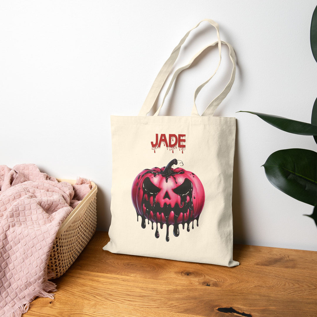 Happy Halloween Acrostic Poem Canvas Candy Tote Bag - Creepy Pink Pumpkin - Personalized