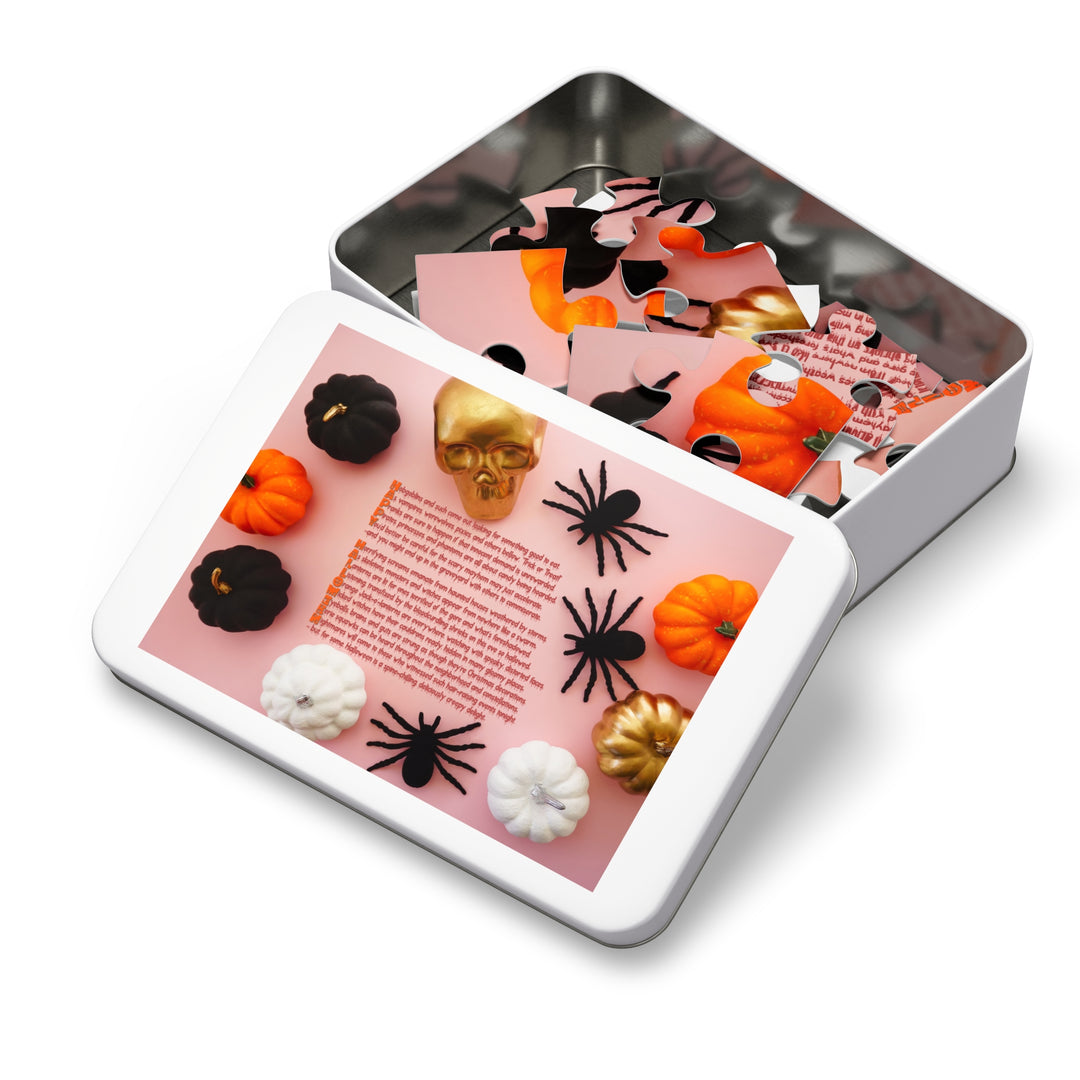 Happy Halloween Acrostic Poem Jigsaw Puzzle - Tin Box - Pumpkins and Spiders
