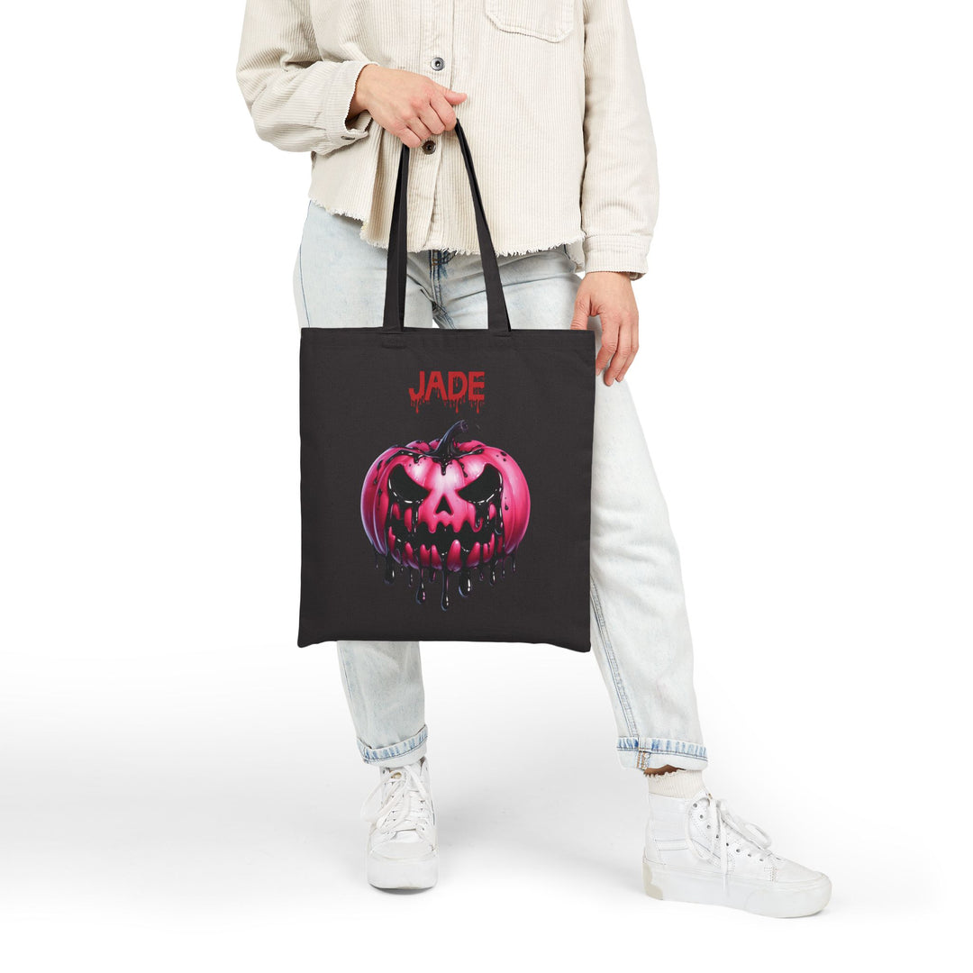 Happy Halloween Acrostic Poem Canvas Candy Tote Bag - Creepy Pink Pumpkin - Personalized