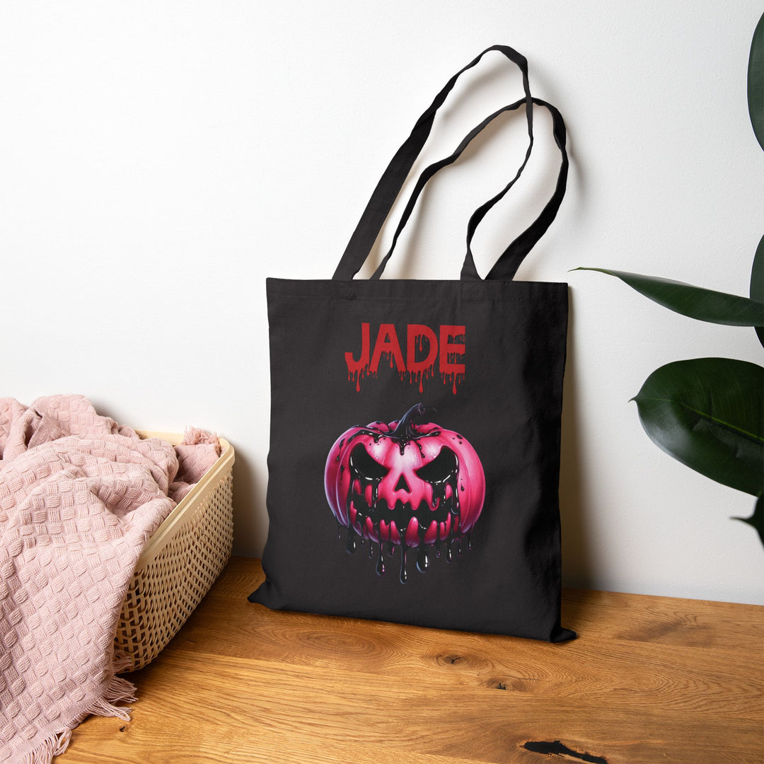 Happy Halloween Acrostic Poem Canvas Candy Tote Bag - Creepy Pink Pumpkin- Personalized