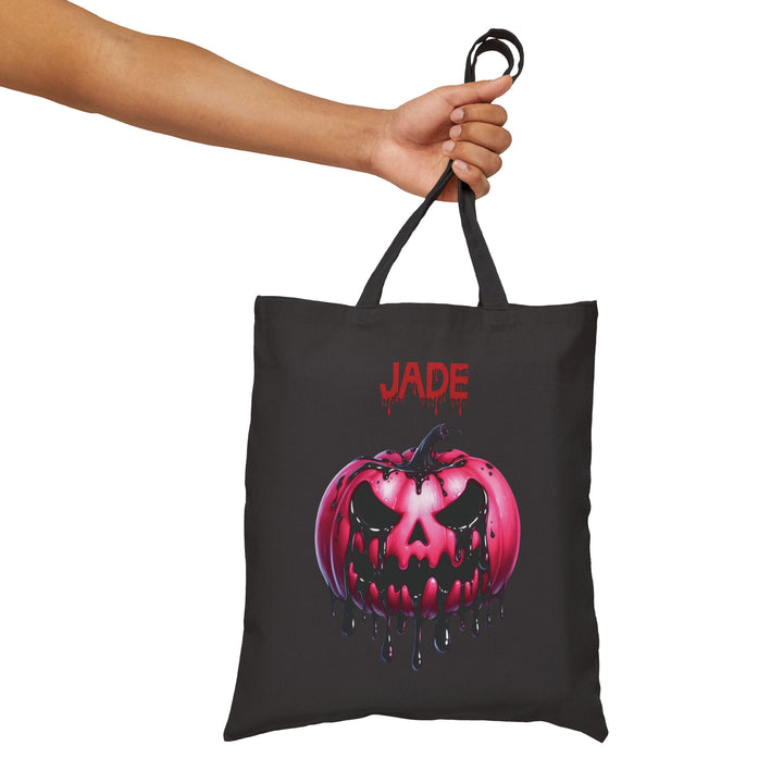 Happy Halloween Acrostic Poem Canvas Candy Tote Bag - Creepy Pink Pumpkin - Personalized
