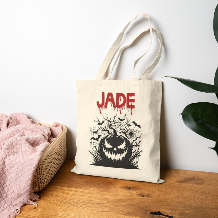 Happy Halloween Acrostic Poem Canvas Candy Tote Bag - Spooky Pumpkin - Personalized