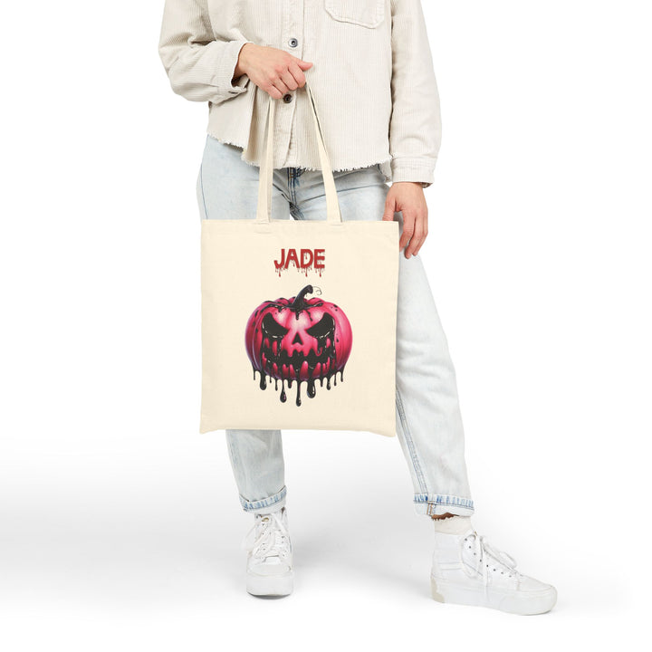 Happy Halloween Acrostic Poem Canvas Candy Tote Bag - Creepy Pink Pumpkin - Personalized