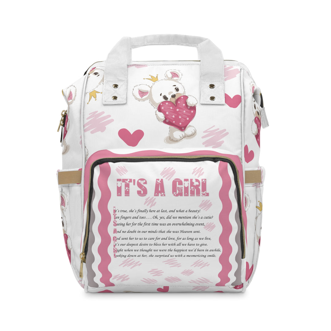 It’s a Girl Acrostic Poem Multifunctional Diaper Backpack - Teddy Bear and Hearts - No Personalization
