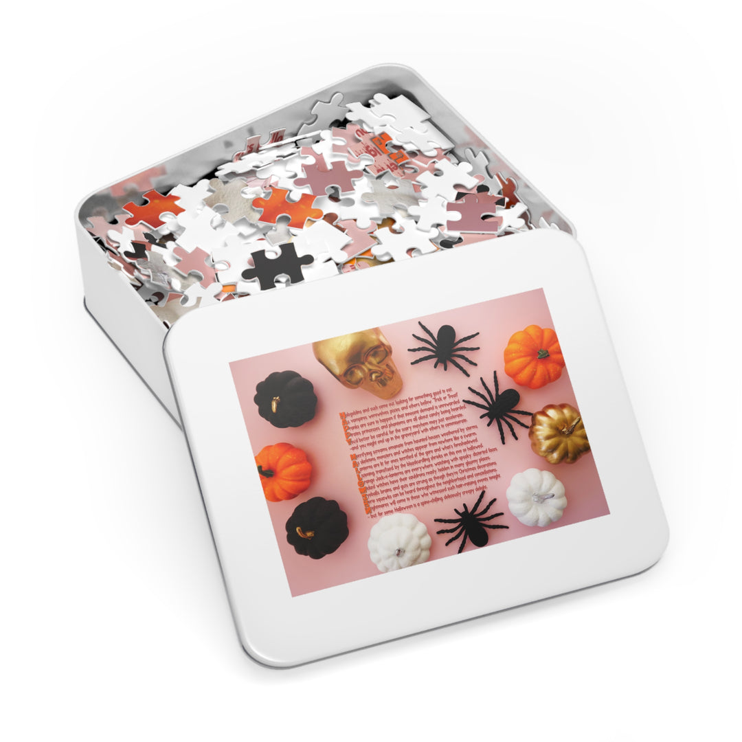 Happy Halloween Acrostic Poem Jigsaw Puzzle - Tin Box - Pumpkins and Spiders
