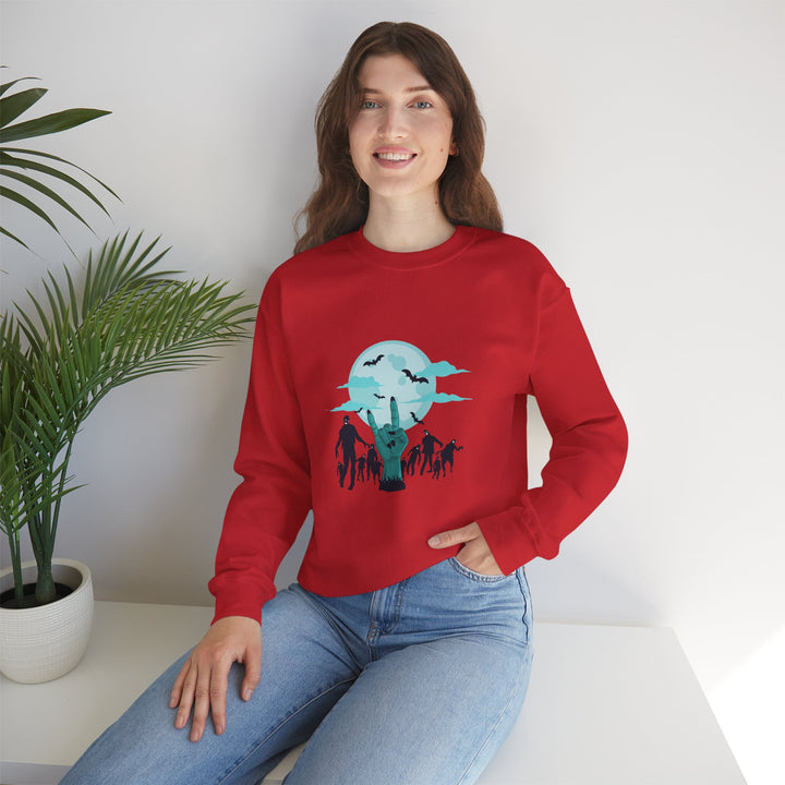 Happy Halloween Acrostic Poem Sweatshirt - Zombie "Rock On" Hand and Zombies