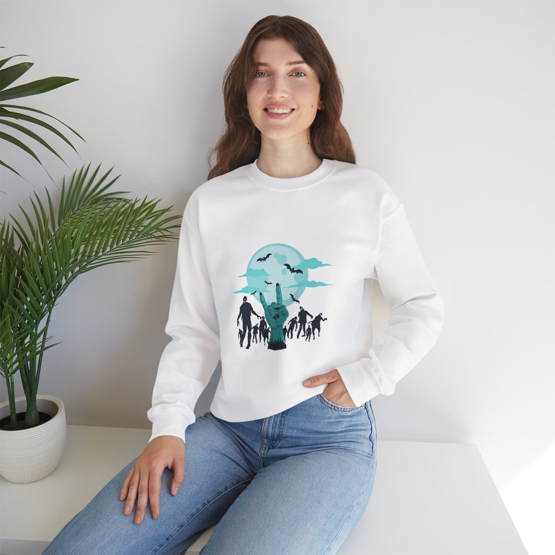 Happy Halloween Acrostic Poem Sweatshirt - Zombie "Rock On" Hand and Zombies