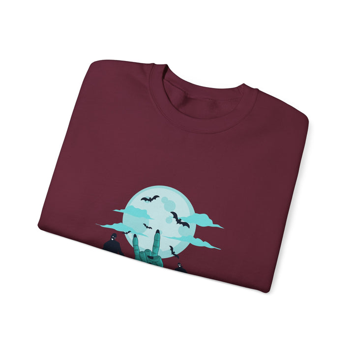 Happy Halloween Acrostic Poem Sweatshirt - Zombie "Rock On" Hand and Zombies