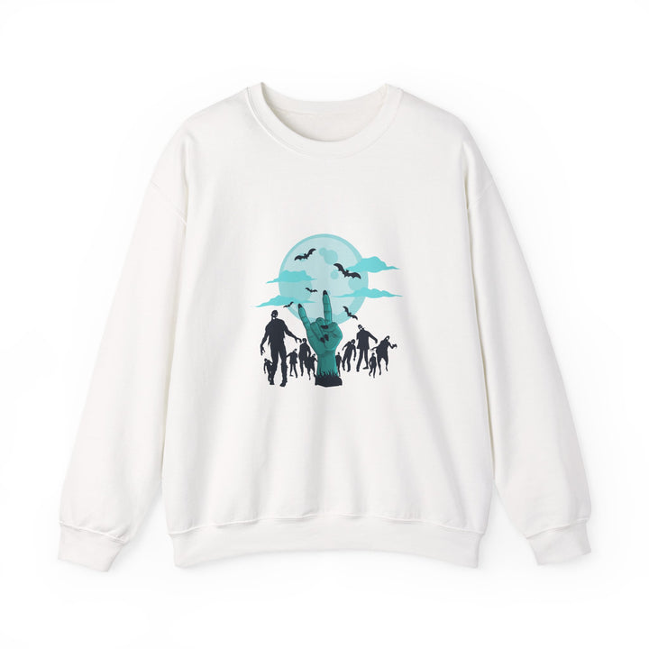 Happy Halloween Acrostic Poem Sweatshirt - Zombie "Rock On" Hand and Zombies