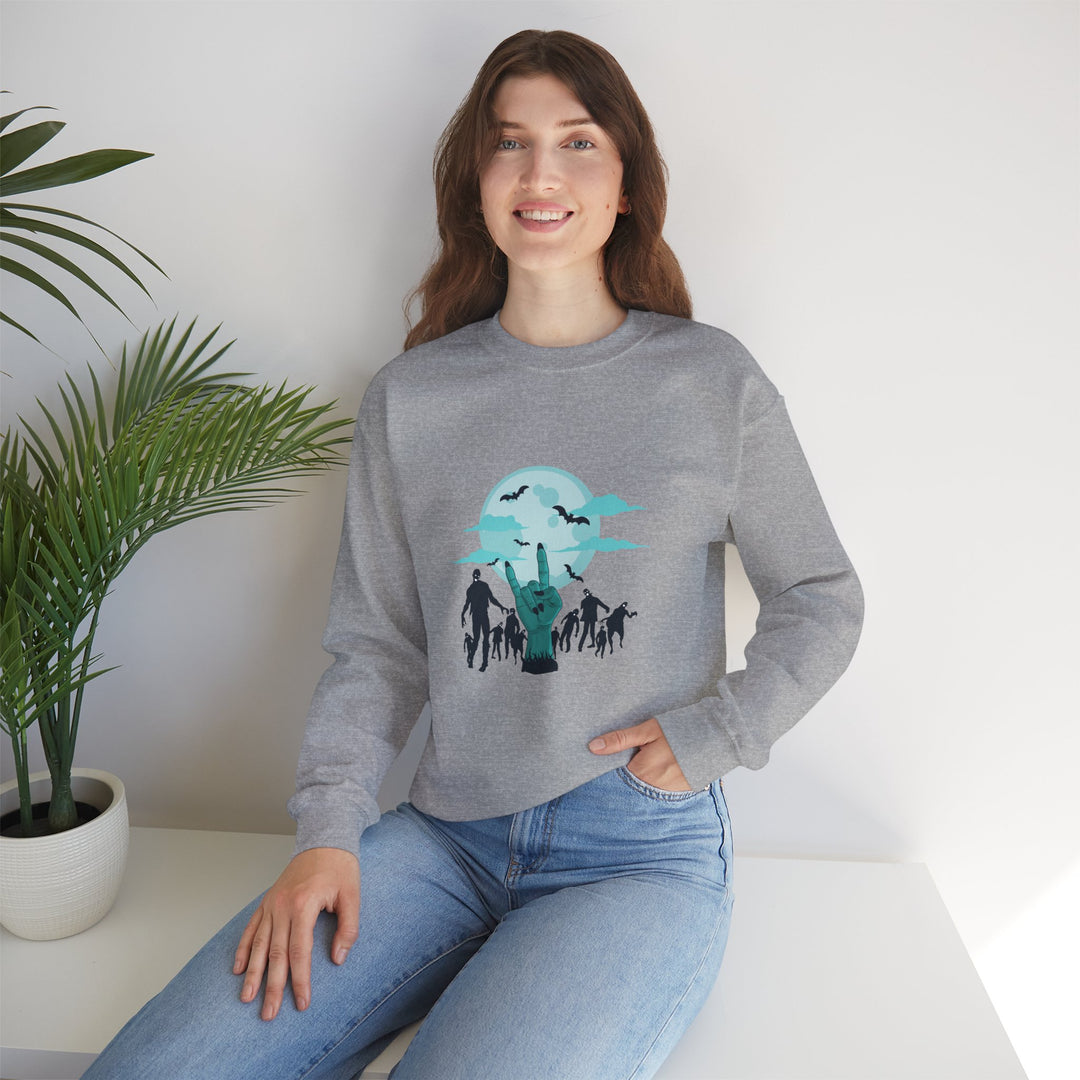 Happy Halloween Acrostic Poem Sweatshirt - Zombie "Rock On" Hand and Zombies