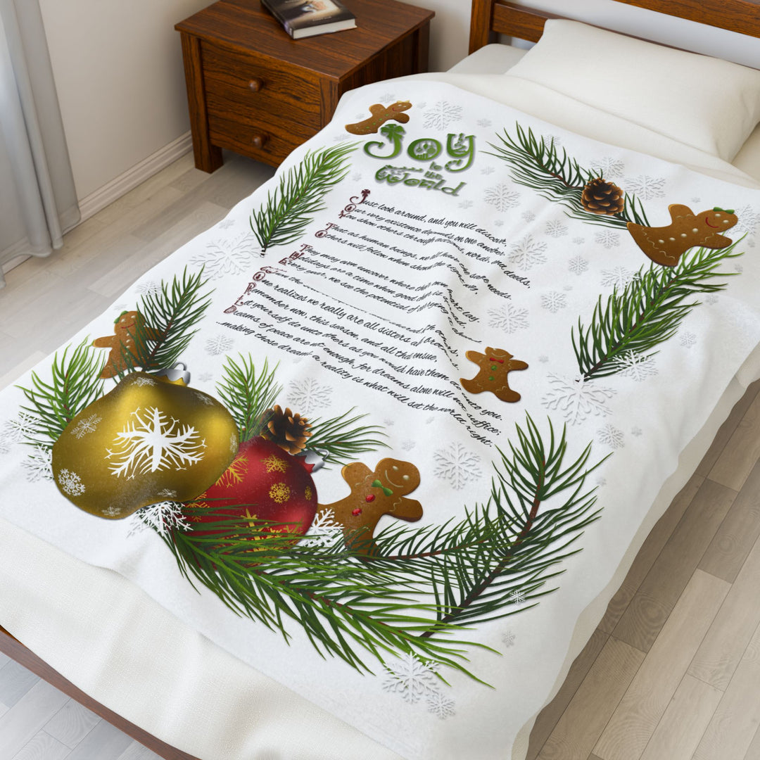 Joy to the World Acrostic Poem Velveteen Plush Blanket - Gingerbread and Ornament