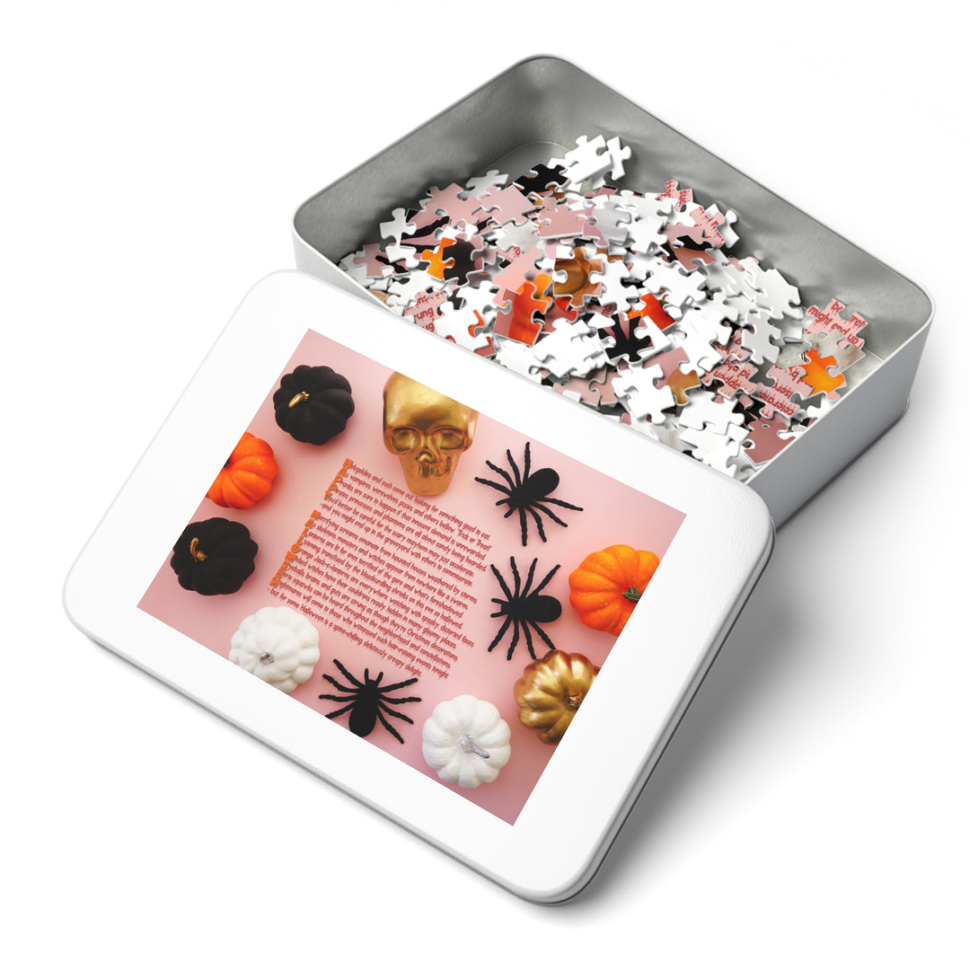 Happy Halloween Acrostic Poem Jigsaw Puzzle - Tin Box - Pumpkins and Spiders