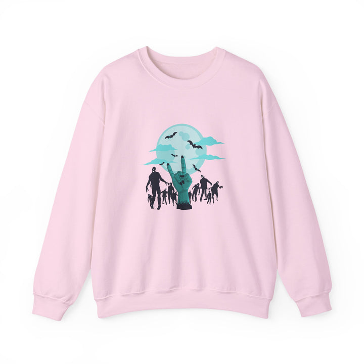 Happy Halloween Acrostic Poem Sweatshirt - Zombie "Rock On" Hand and Zombies