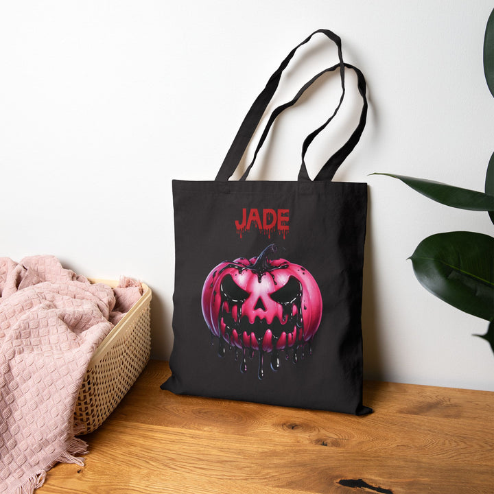Happy Halloween Acrostic Poem Canvas Candy Tote Bag - Creepy Pink Pumpkin - Personalized