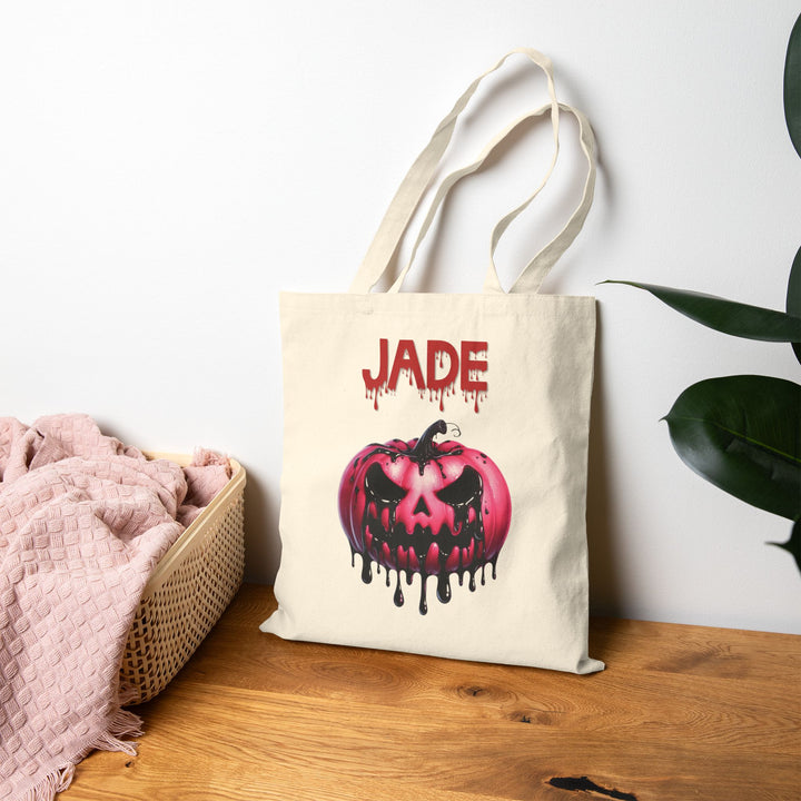 Happy Halloween Acrostic Poem Canvas Candy Tote Bag - Creepy Pink Pumpkin- Personalized
