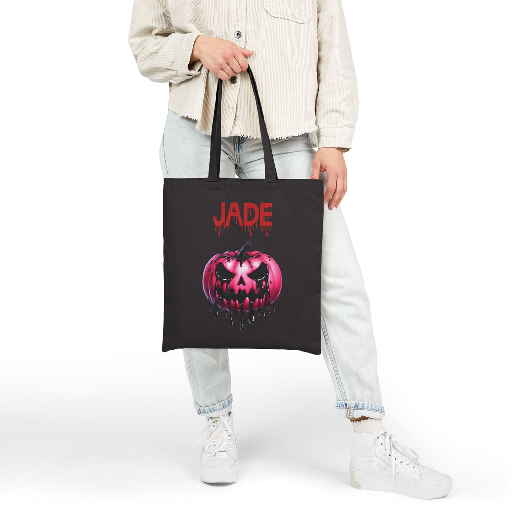 Happy Halloween Acrostic Poem Canvas Candy Tote Bag - Creepy Pink Pumpkin- Personalized