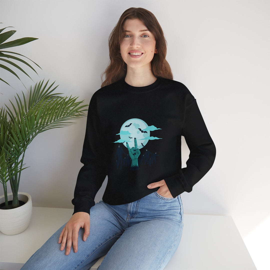Happy Halloween Acrostic Poem Sweatshirt - Zombie "Rock On" Hand and Zombies