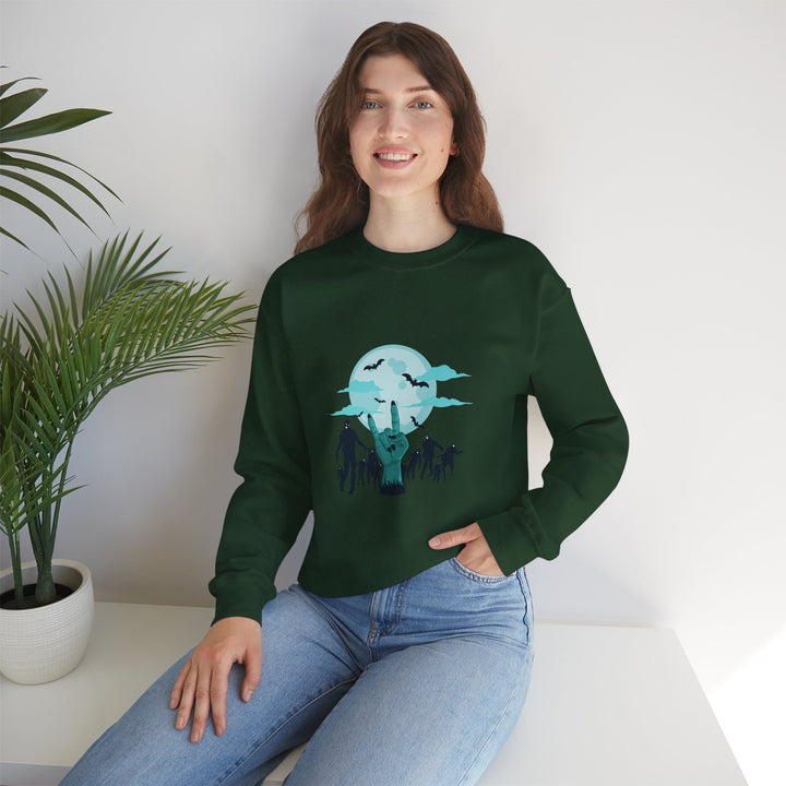 Happy Halloween Acrostic Poem Sweatshirt - Zombie "Rock On" Hand and Zombies