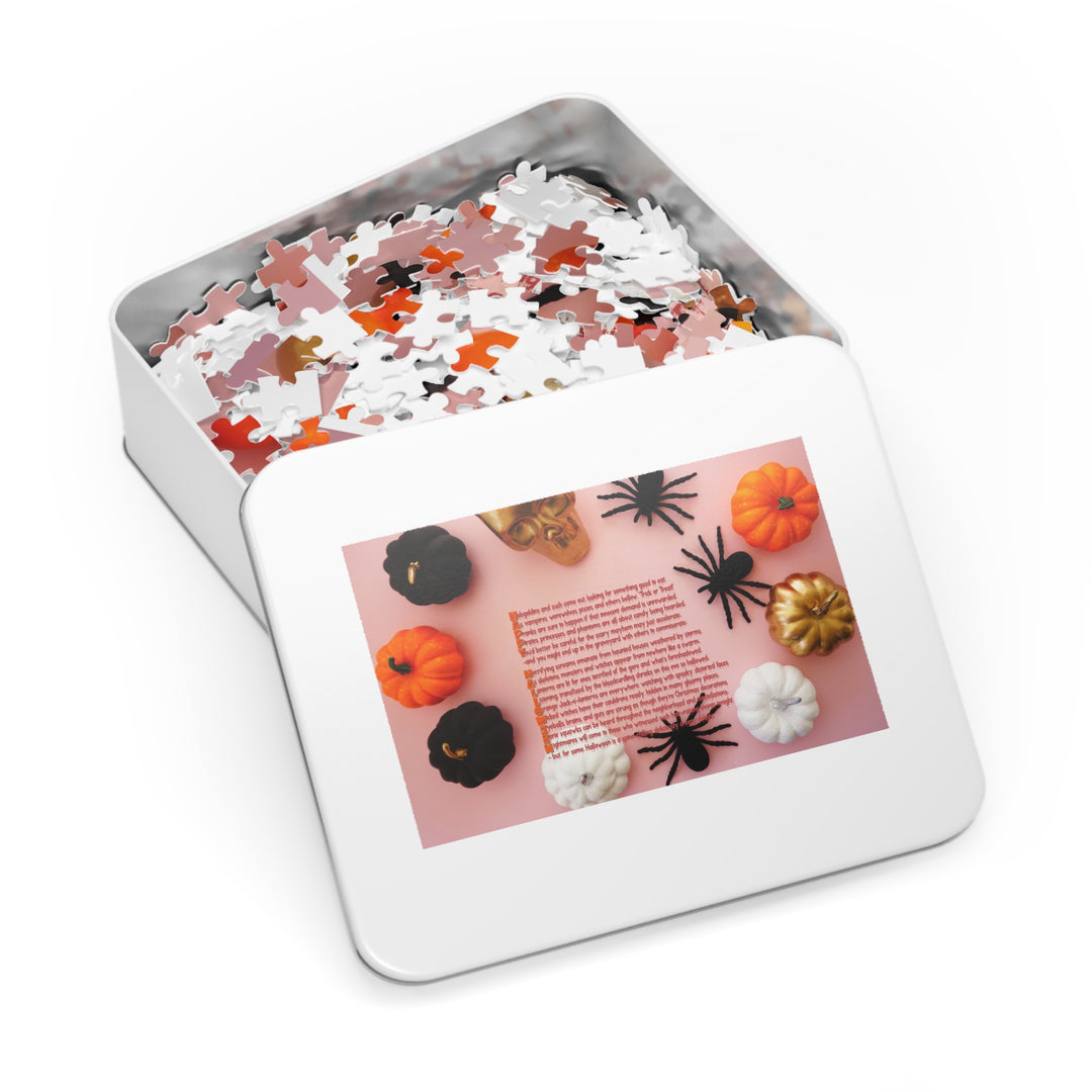 Happy Halloween Acrostic Poem Jigsaw Puzzle - Tin Box - Pumpkins and Spiders