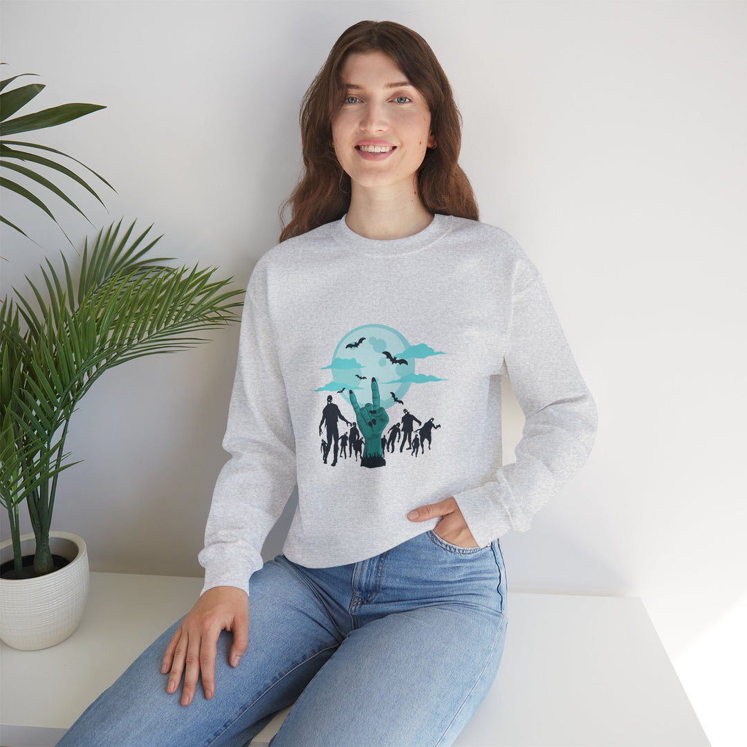 Happy Halloween Acrostic Poem Sweatshirt - Zombie "Rock On" Hand and Zombies