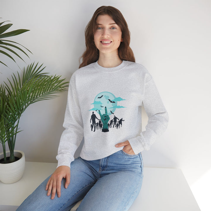 Happy Halloween Acrostic Poem Sweatshirt - Zombie "Rock On" Hand and Zombies