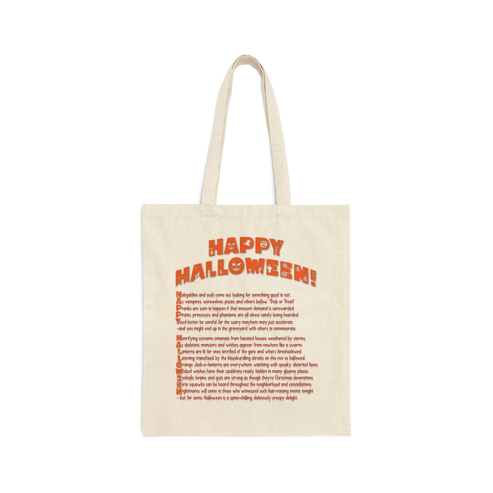 Acrostic Poem spelling out "Happy Halloween" Zombie Hand With Rock On Sign Candy Bag Totes for Kids. Great gift for Trick or Treaters!