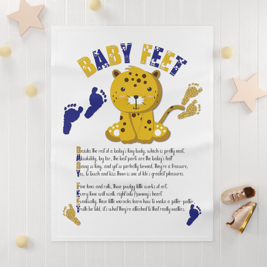 Blue Footprints and Baby Leopard Blanket Acrostic Poem spelling out "Baby Feet", Great gift for Baby Shower, Nursery decor, or New Mommy.