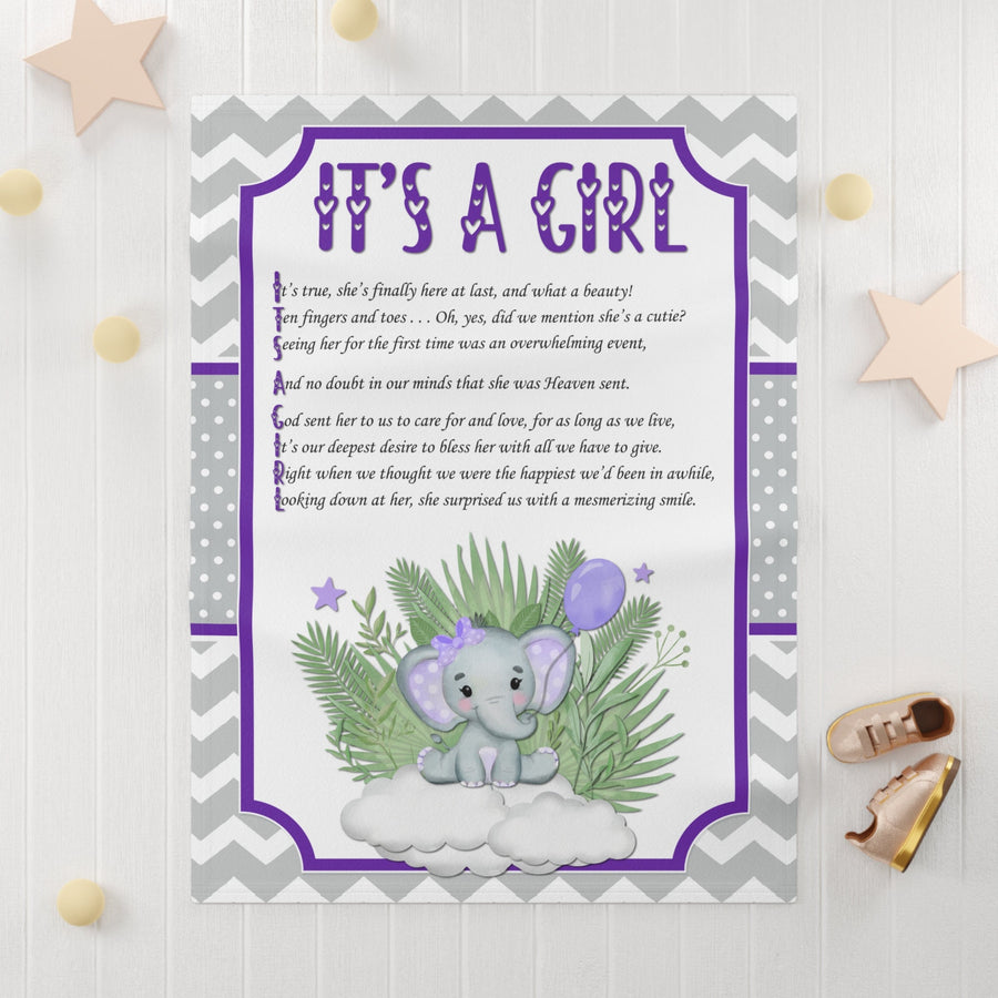 Acrostic Poem Baby Girl Blanket spelling out "It's a Girl", Great gift for Baby Shower, Nursery decor, or New Mommy. Purple Elephant Design