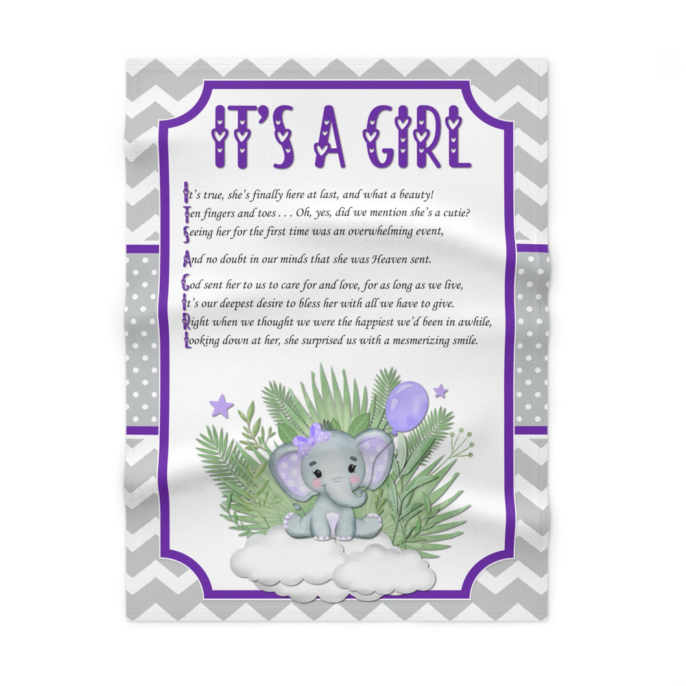 Acrostic Poem Baby Girl Blanket spelling out "It's a Girl", Great gift for Baby Shower, Nursery decor, or New Mommy. Purple Elephant Design