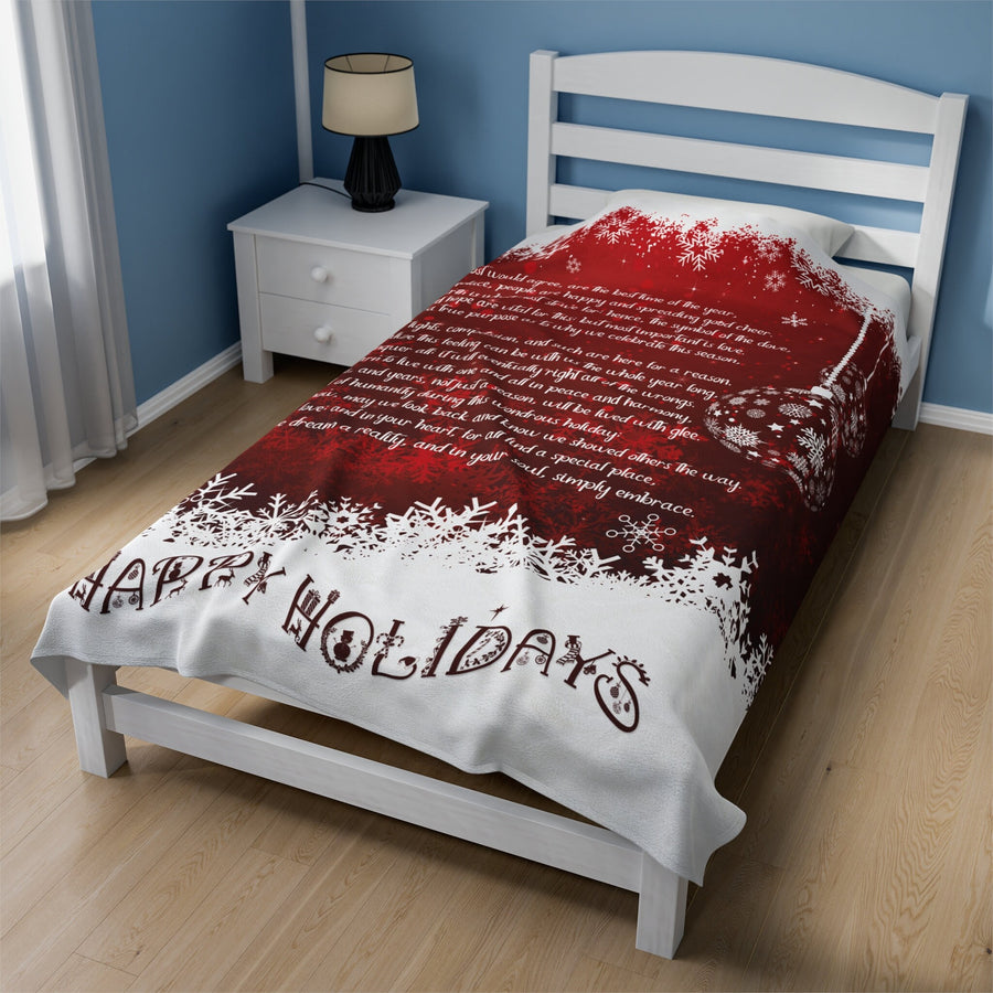 Happy Holidays Velveteen Plush Blanket with Acrostic Poem Spelling out "Happy Holidays". Christmas Gift for Child or Adult