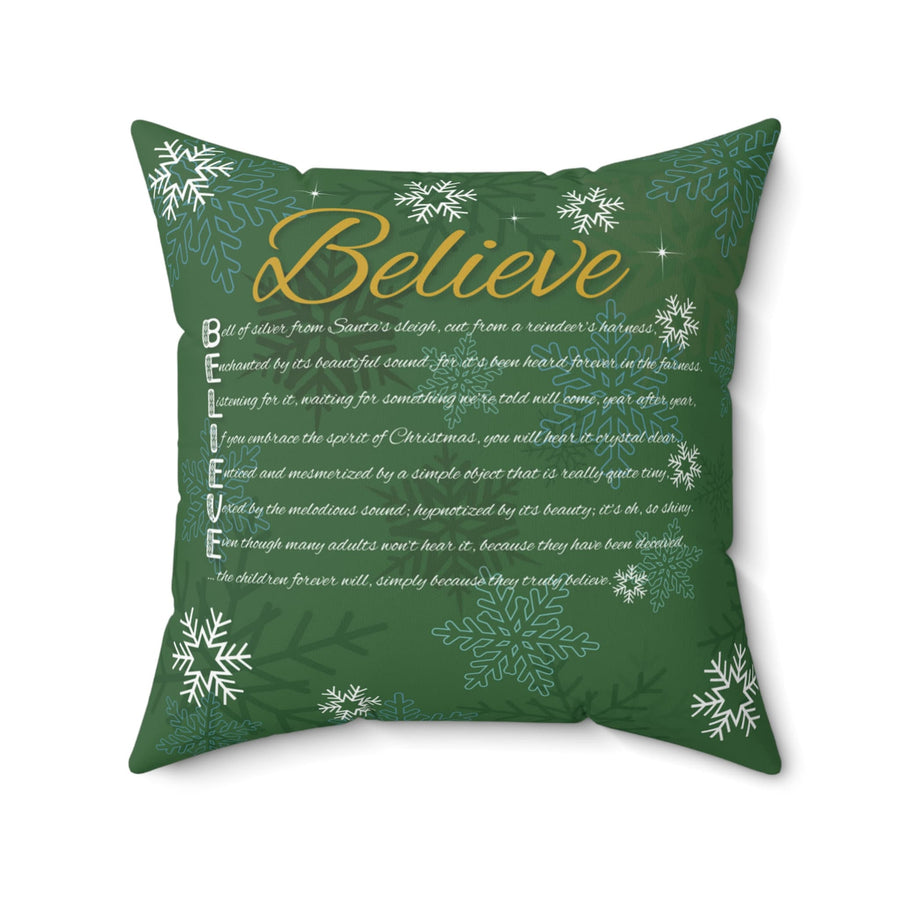 Green "Learn, Lead, Believe" Collection Holiday Pillow with Acrostic Poem Spelling out "Believe". Christmas Decor or Gift.