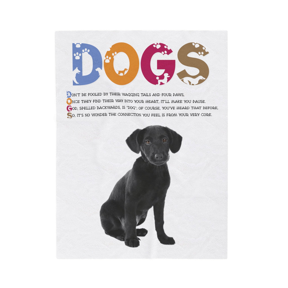 Black Puppy on Velveteen Plush Blanket with Acrostic Poem Spelling out "Dogs". Christmas Gift for Child or Adult