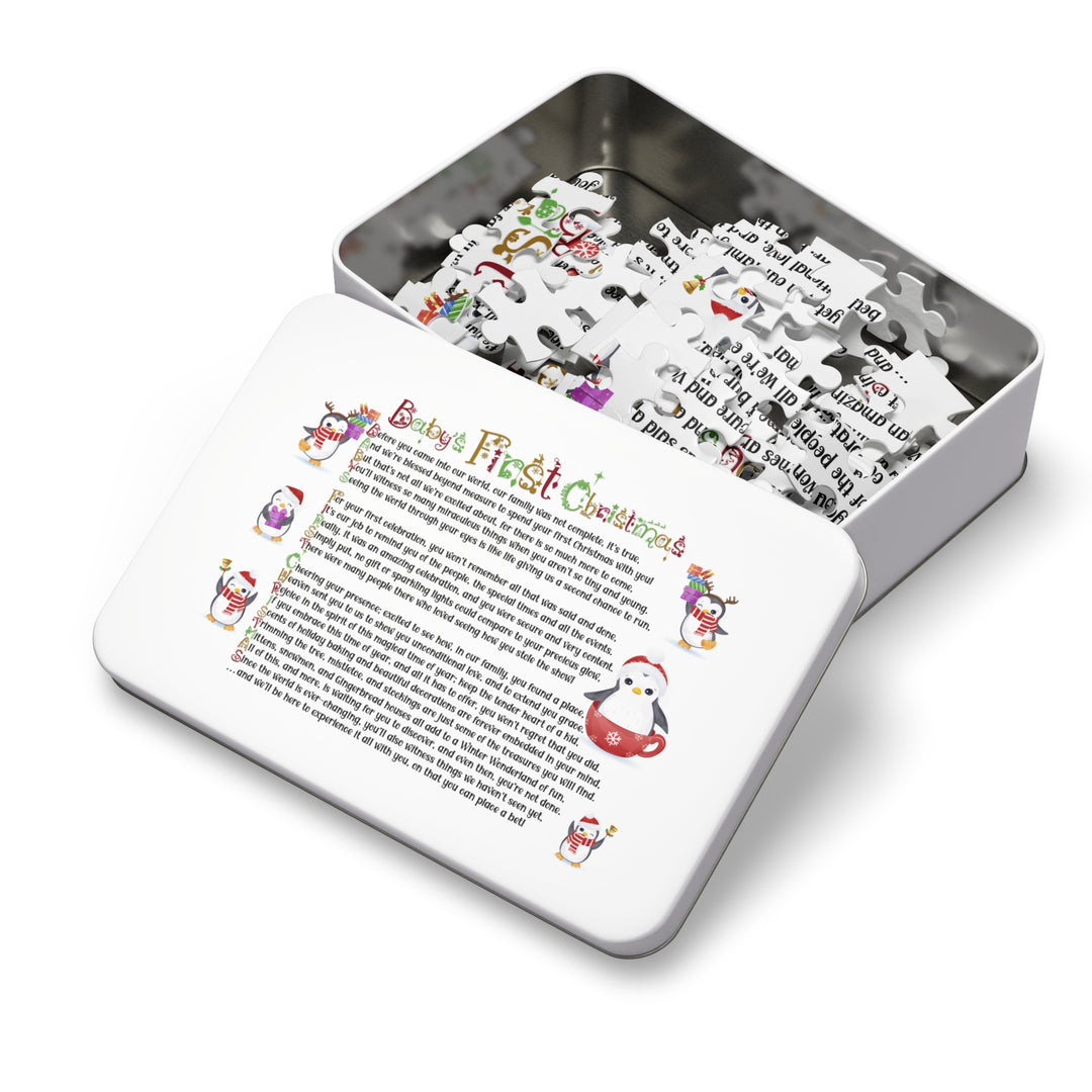 Baby's First Christmas Acrostic Poem Jigsaw Puzzle - Penguins-Christmas Items Font - Tin Box
