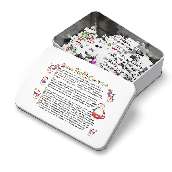 Baby's First Christmas Acrostic Poem Jigsaw Puzzle - Penguins-Christmas Items Font - Tin Box