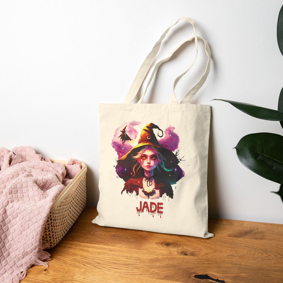 "Happy Halloween" Acrostic Poem Canvas Candy Tote Bag - Creepy Witch - Personalized