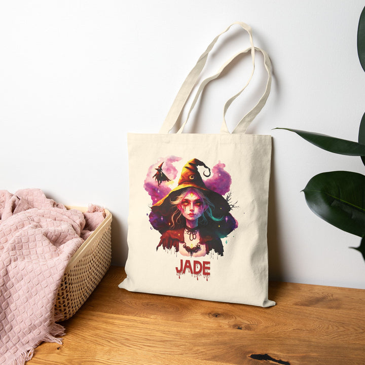 "Happy Halloween" Acrostic Poem Canvas Candy Tote Bag - Creepy Witch - Personalized