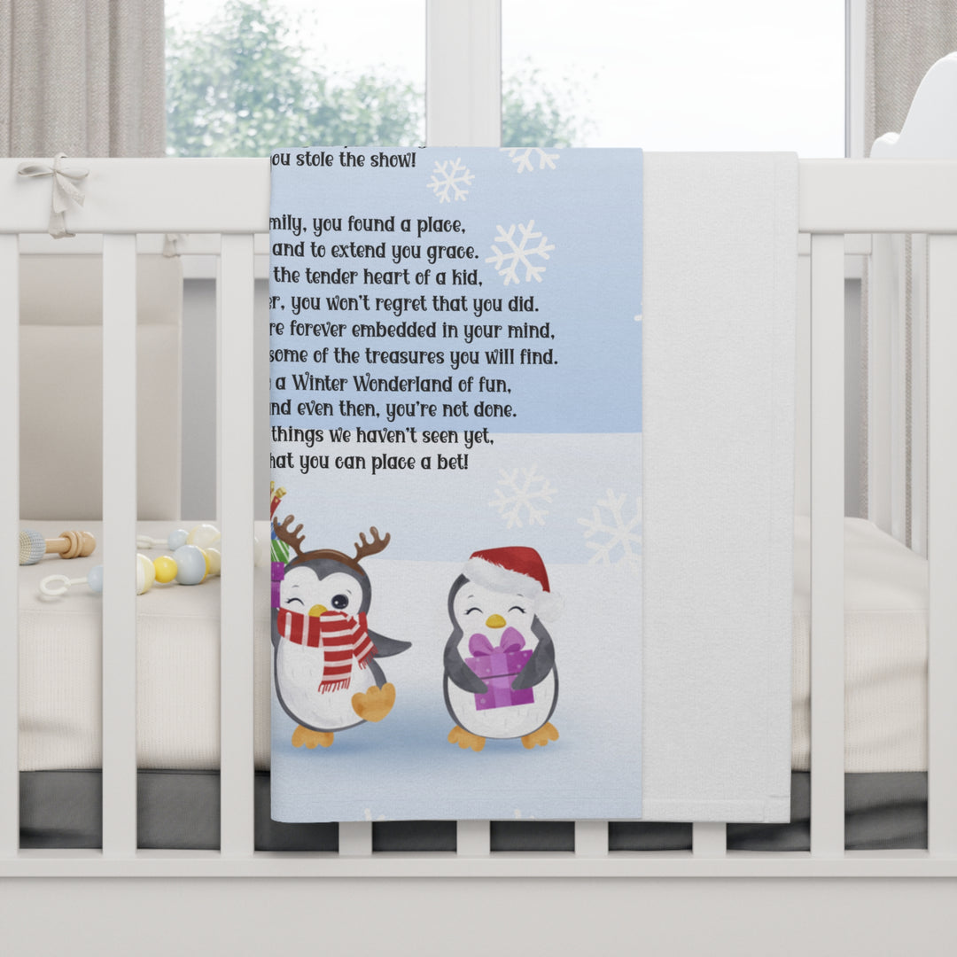 Baby's First Christmas Acrostic Poem Baby Blanket - Blue - Penguins