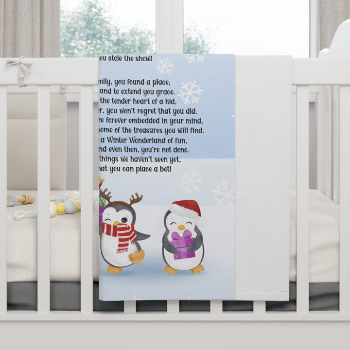 Baby's First Christmas Acrostic Poem Baby Blanket - Blue - Penguins