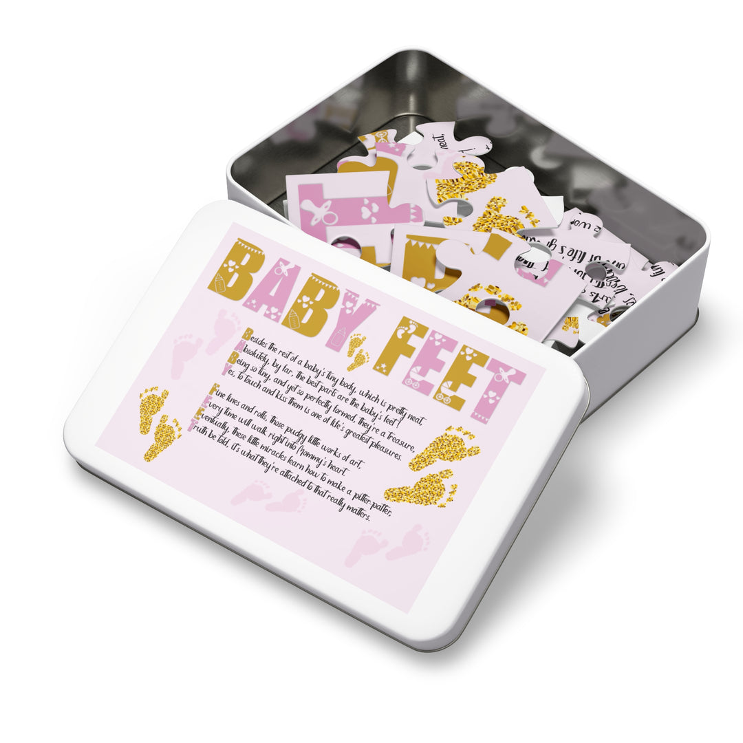 Baby Feet Acrostic Poem Puzzle - Pink and Gold - Tin Box - No Personalization