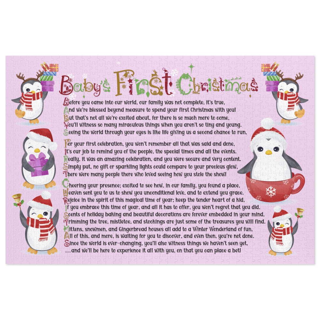 Baby's First Christmas Acrostic Poem Jigsaw Puzzle - Penguins - Lavender - Tin Box