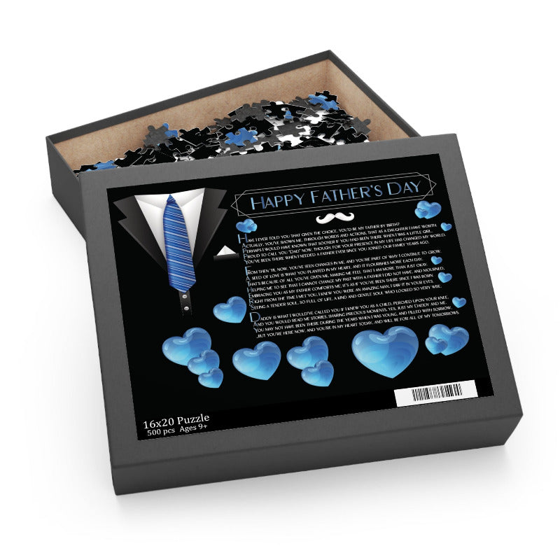 Jigsaw puzzle set in a box with 'Happy Father's Day' text and graphics.