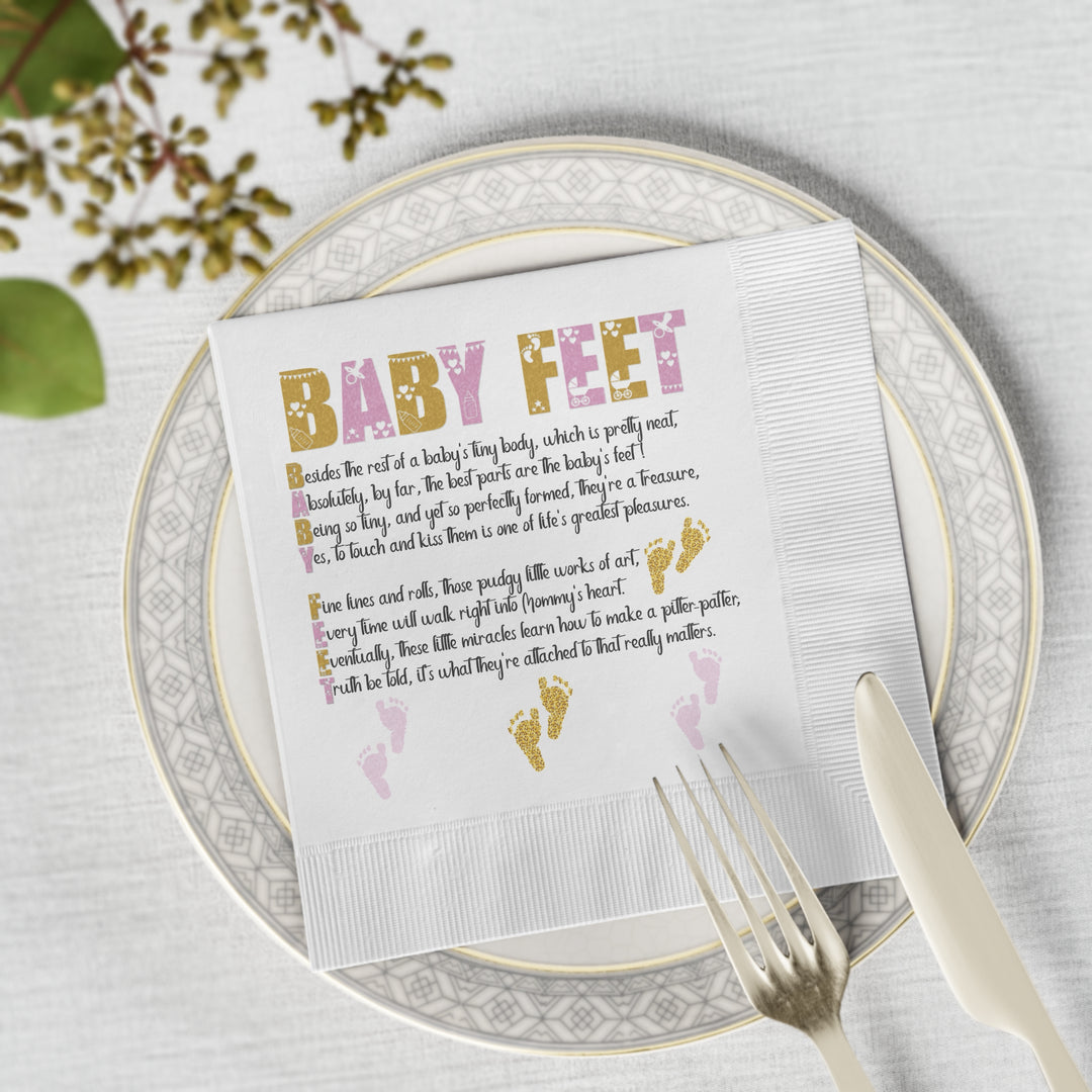 "Baby Feet" White Coined Napkins Baby Shower Napkins - Pink-Gold - No Personalization