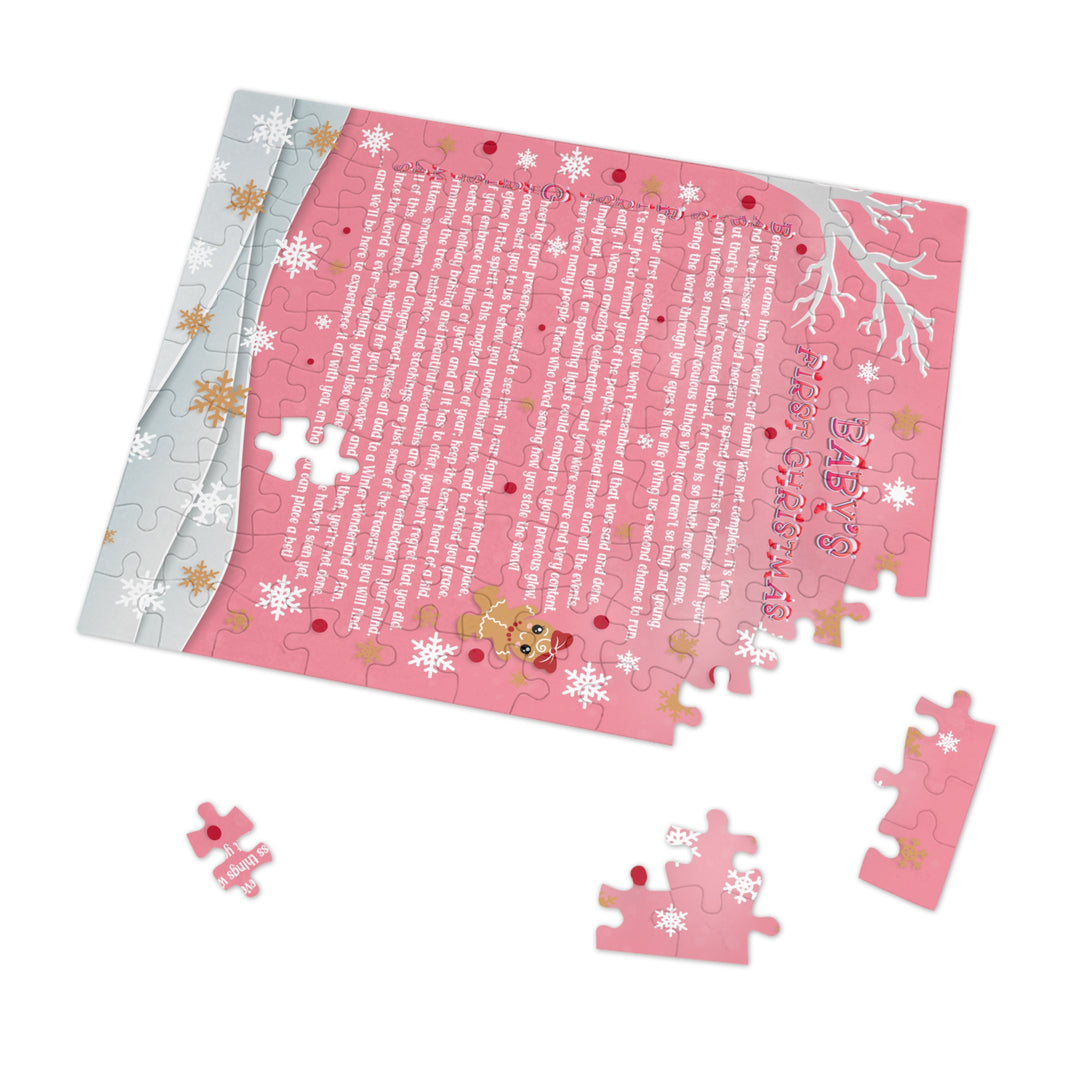 Baby's First Christmas Acrostic Poem Jigsaw Puzzle - Gingerbread - Pink - Tin Box