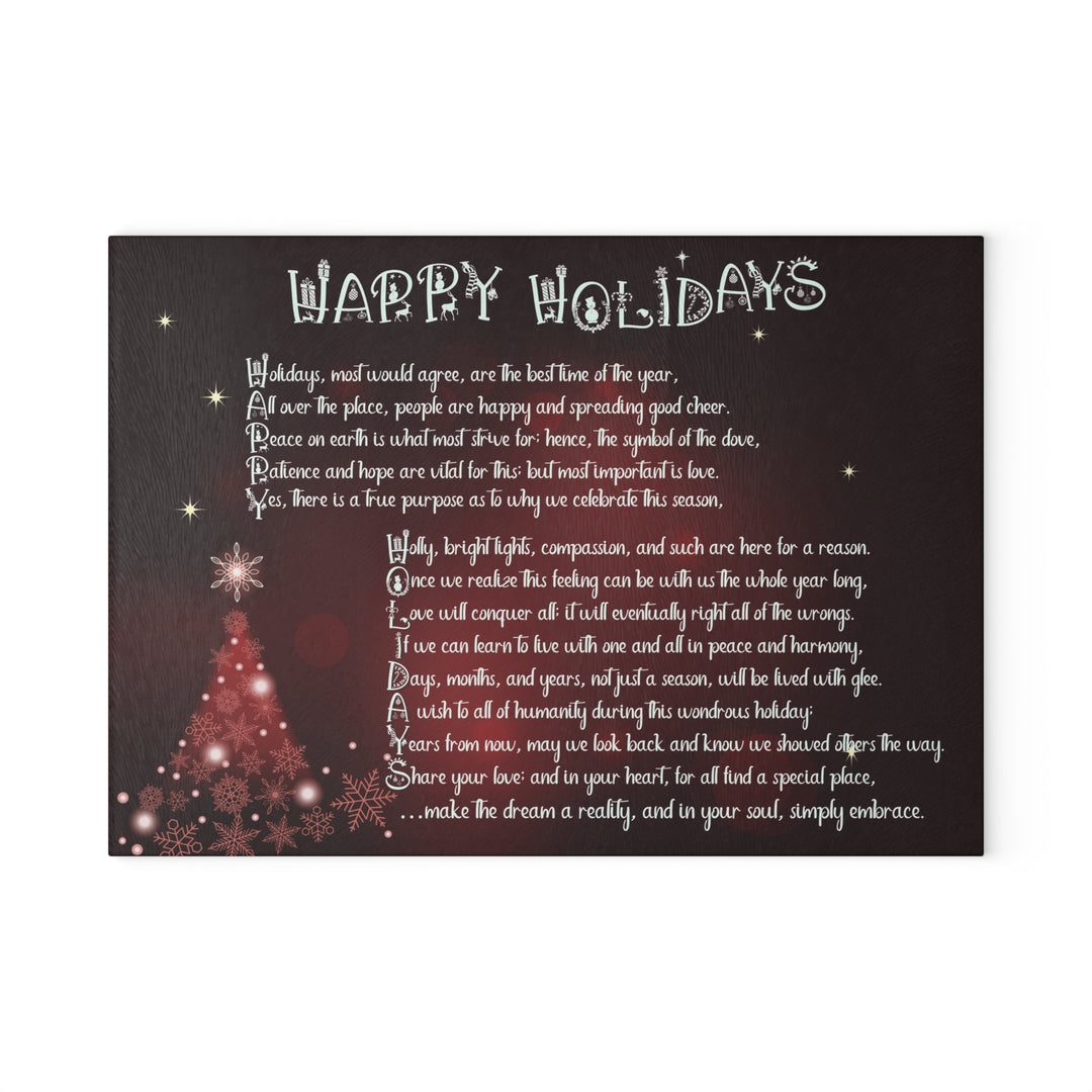 Happy Holidays Acrostic Poem Glass Cutting Board - Burgandy