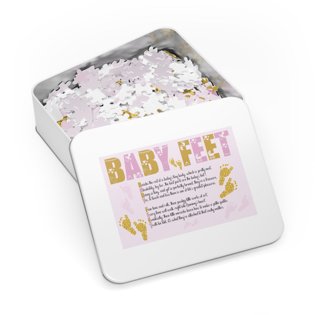 Baby Feet Acrostic Poem Puzzle - Pink and Gold - Tin Box - No Personalization